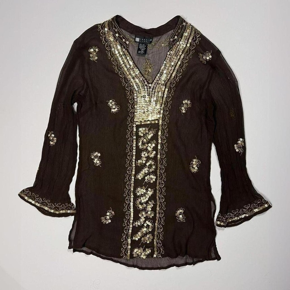 Vintage‎ Silk Embellished Brown and Gold Sheer Top